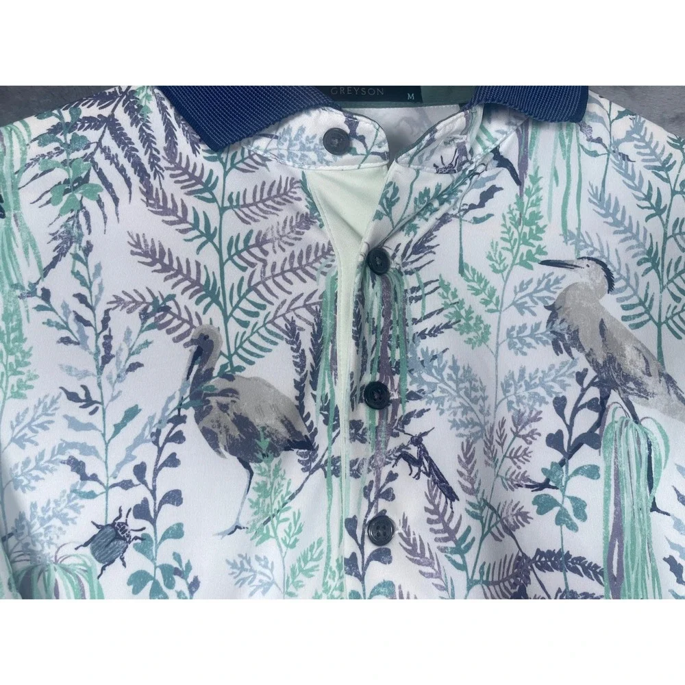 Greyson Mens Medium Golf Polo Shirt White Blue Heron Botanical Print Performance - Picture 3 of 8